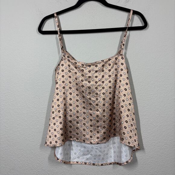 Sollinarry Small Satin Tile Print Cami Top Tan Cowl Neck Spaghetti Straps - Picture 2 of 9